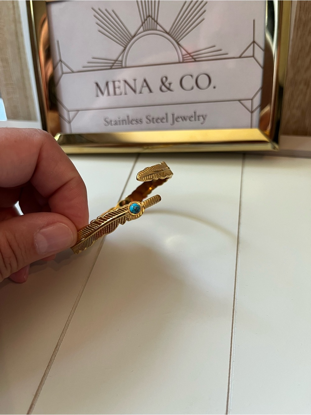 Gold Stainless Steel Feather Cuff Bracelet with Turquoise Accent